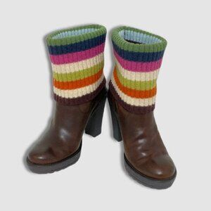 Coach Laurette Leather Heeled Boots Wool Sweater Knit Chestnut Brown Women’s 7.5